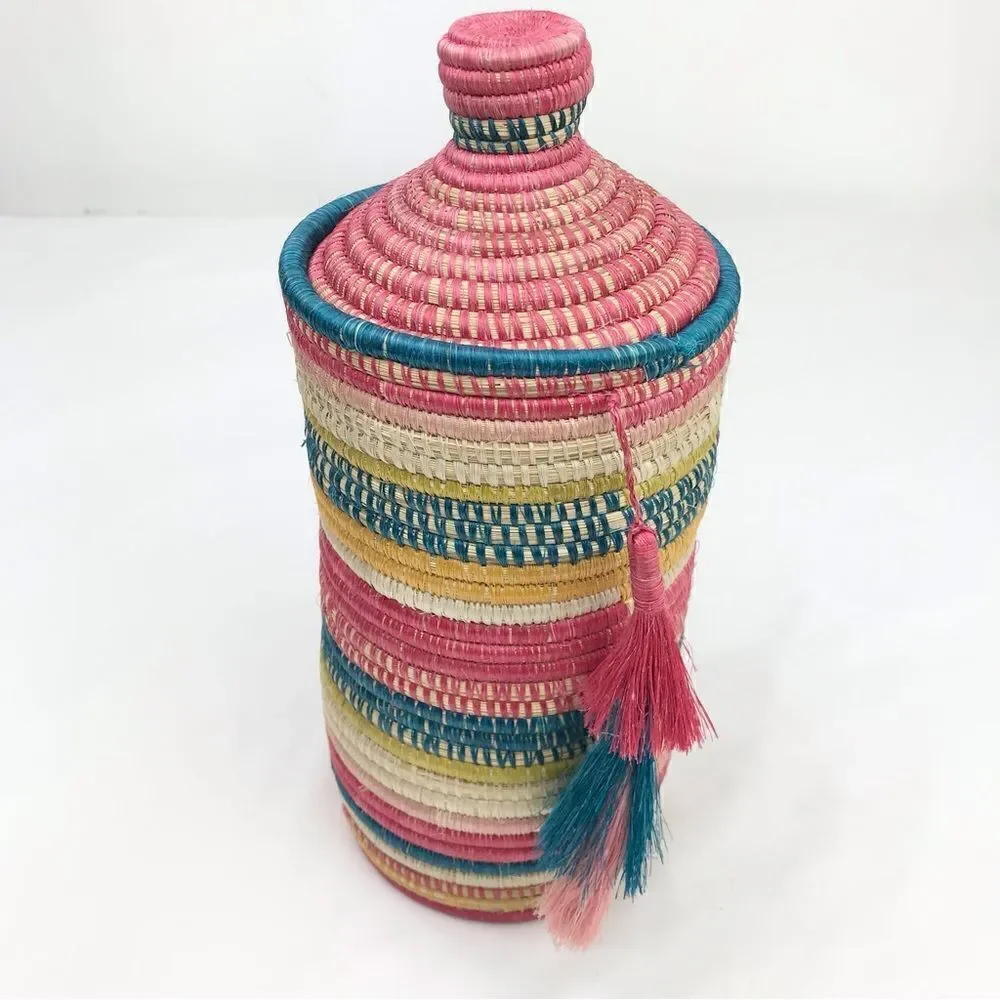All Across Africa Handmade Colorful Woven Coil 11” Lidded Tassel Basket Canister